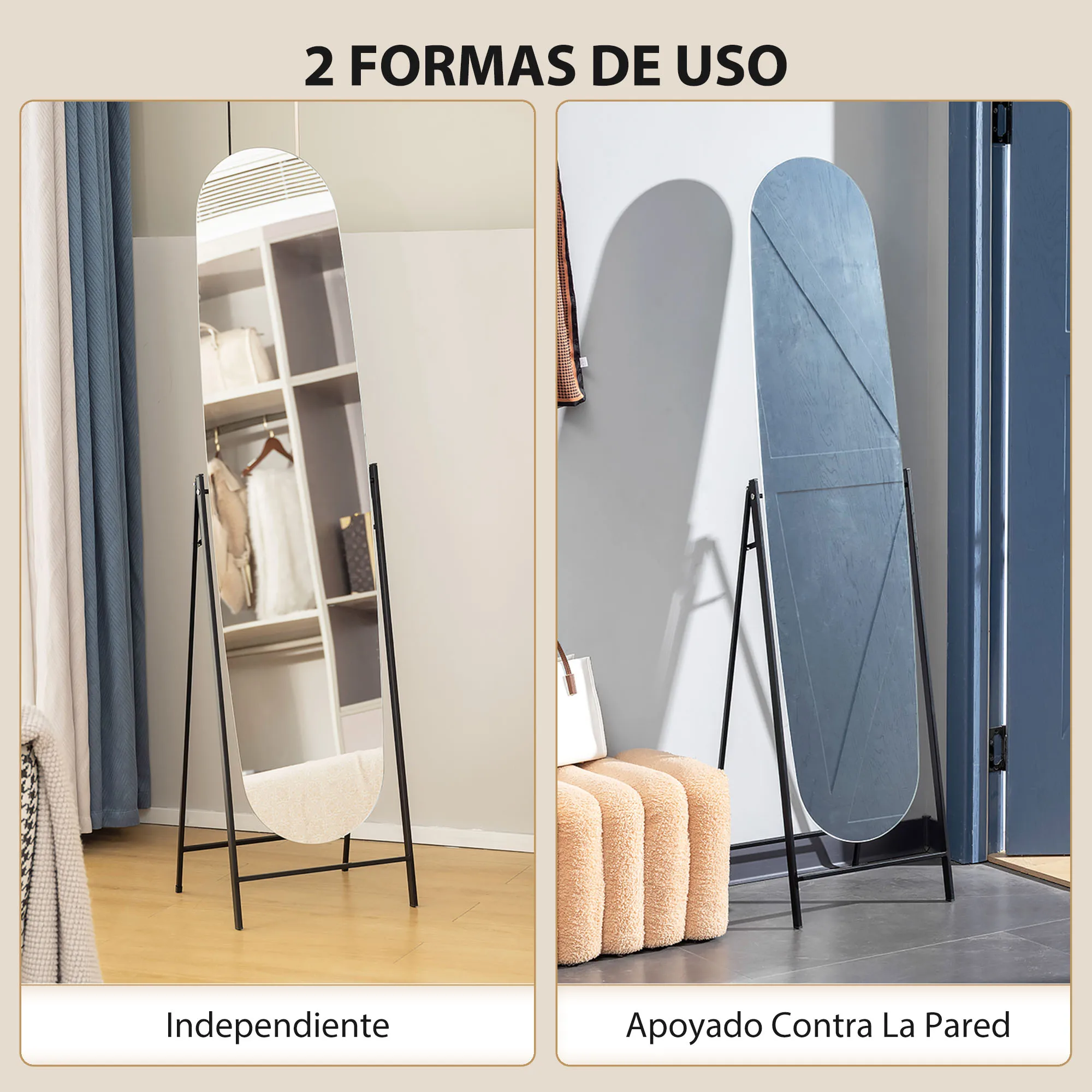 HOMCOM Espejo de Cuerpo Entero Arqueado 160x40 cm, Espejo de Pie o Apoyado en la Pared, sin Marco, Soporte de Metal, para Salón, Dormitorio, Vestidor y Entrada, Negro - imagen 5
