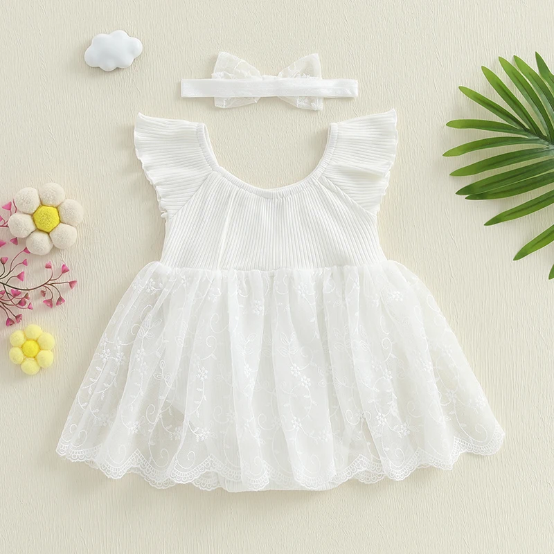 Suefunskry, vestido mameluco de verano para niña, Color sólido, manga mosca, cuello redondo, encaje acanalado, mameluco de retazos con diadema - imagen 2