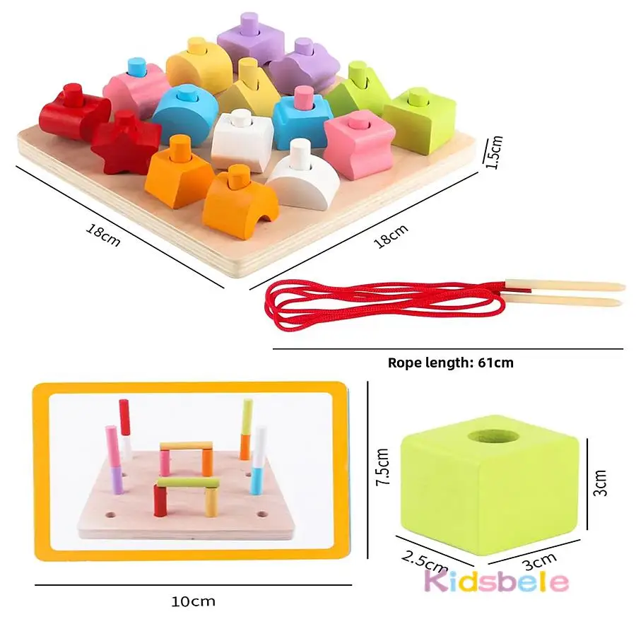 Juego de enhebrado de cuerdas de cuentas de madera Montessori, juego de rompecabezas a juego con formas geométricas de colores, clasificación de colores, juguetes de aprendizaje preescolar - imagen 3