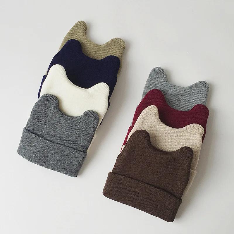 Gorro de bebé de Color sólido Otoño Invierno estilo coreano Kwaii lindo cuerno de vaca gorro tejido para bebé niños actividades al aire libre gorros de lana - imagen 2