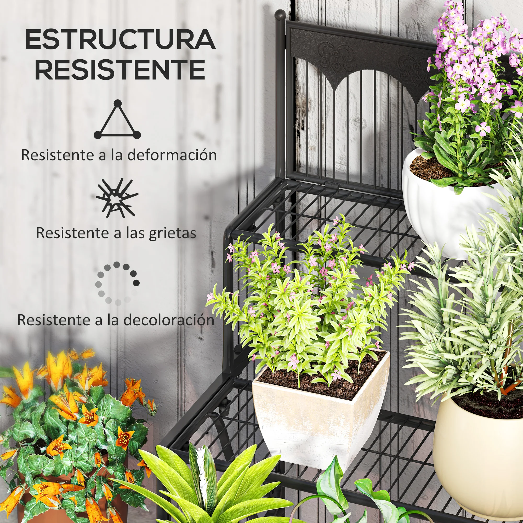 Outsunny Soporte para Plantas de 3 Niveles Estantería para Plantas para Esquina Diseño en Escalera Soporte para Macetas Interior y Exterior 73x66x85 cm Negro - imagen 5
