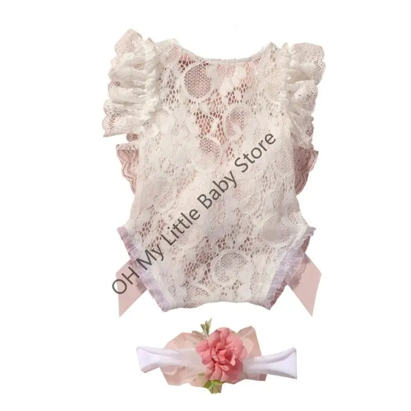 M76C 2pcs/set Romper encaje infantil y diadema Ver a través mono sin espalda con banda para banda para sesiones - imagen 3