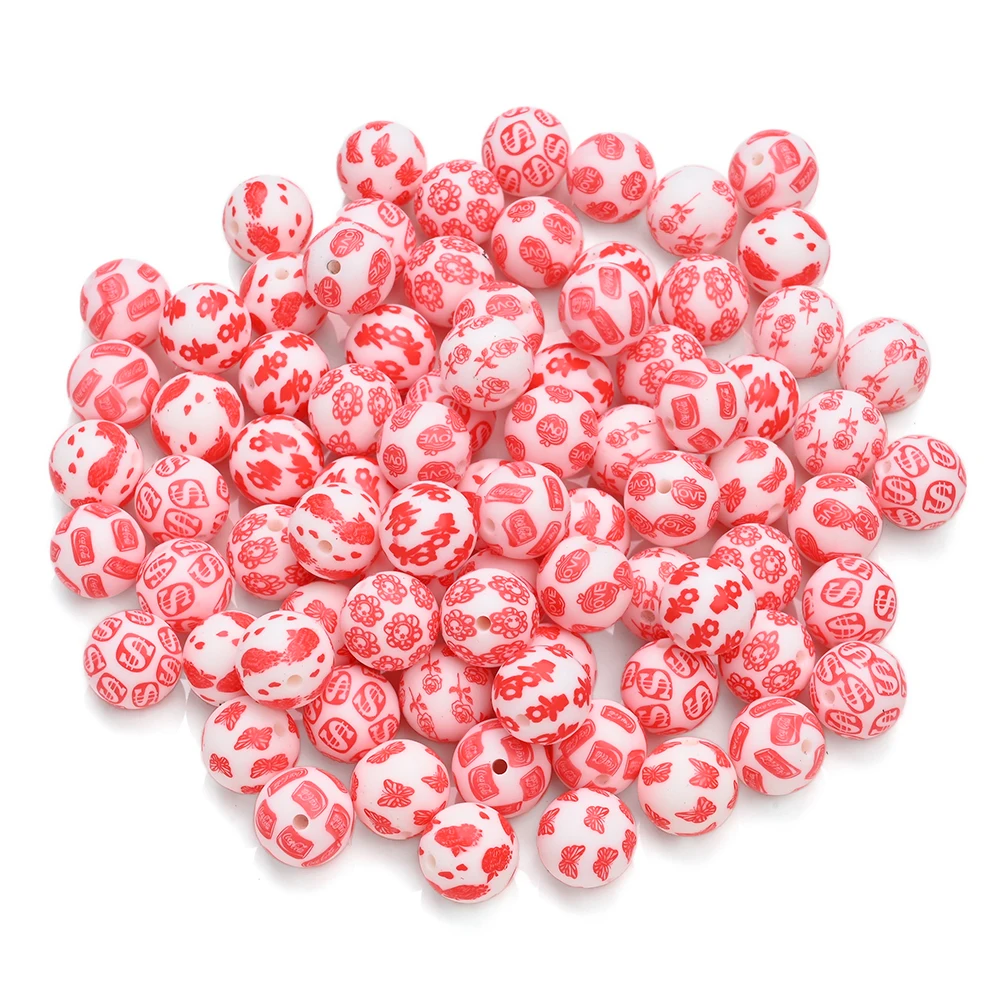 10 Uds. De cuentas de silicona de 15mm, cuentas de amor estampadas rojas para correas de bebé, cadena de chupete, chupetes para masticar, accesorios de cadena con Clip - imagen 3