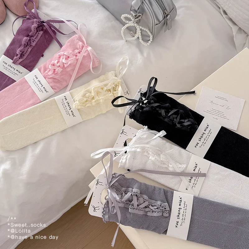 Calcetines altos de encaje rosa con lazo – Holgados para niñas - imagen 2
