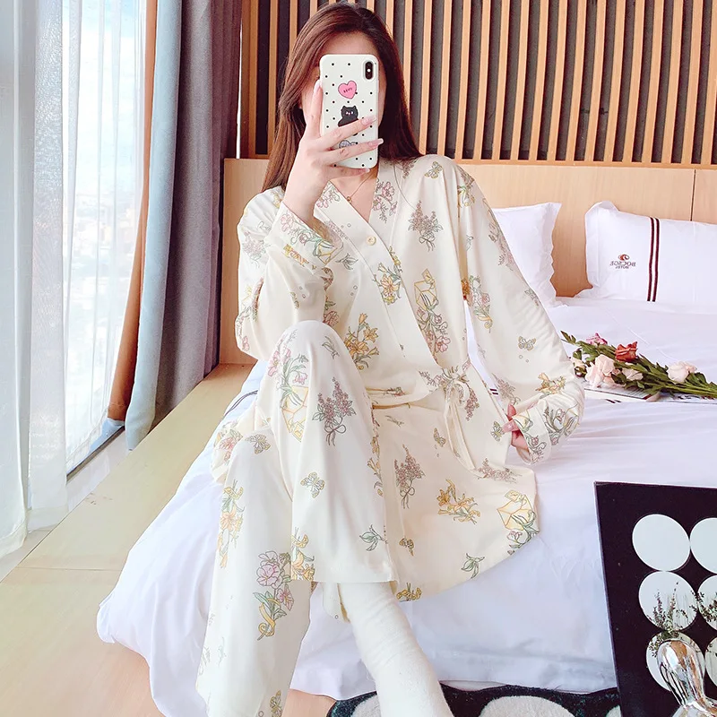 Ropa de dormir para mujer embarazada, conjuntos de pijamas de lactancia, ropa de maternidad a la moda, Tops de lactancia de algodón con encaje + conjunto de pantalones - imagen 5