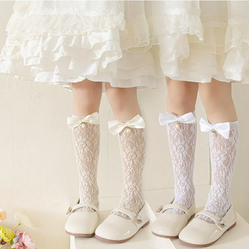 1 par de medias bonitas de encaje de malla con lazo para niñas, calcetines finos hasta la rodilla de verano para niñas Lolita