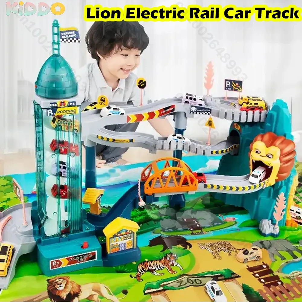 Carril eléctrico con tema de León para niños, estacionamiento de construcción, carreras, regalos de vacaciones, cumpleaños, carreras educativas