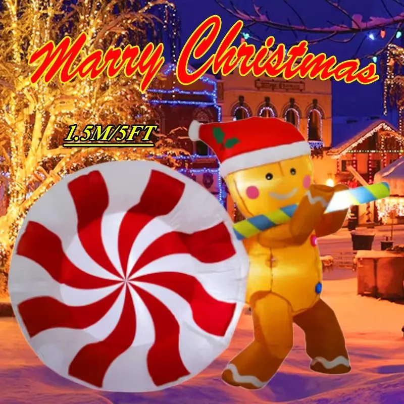 Decoración navideña, juguetes inflables, 1,5 M, caramelo, hombre de jengibre, luces LED integradas, regalo de Navidad, fiesta al aire libre, decoración de jardín - imagen 3