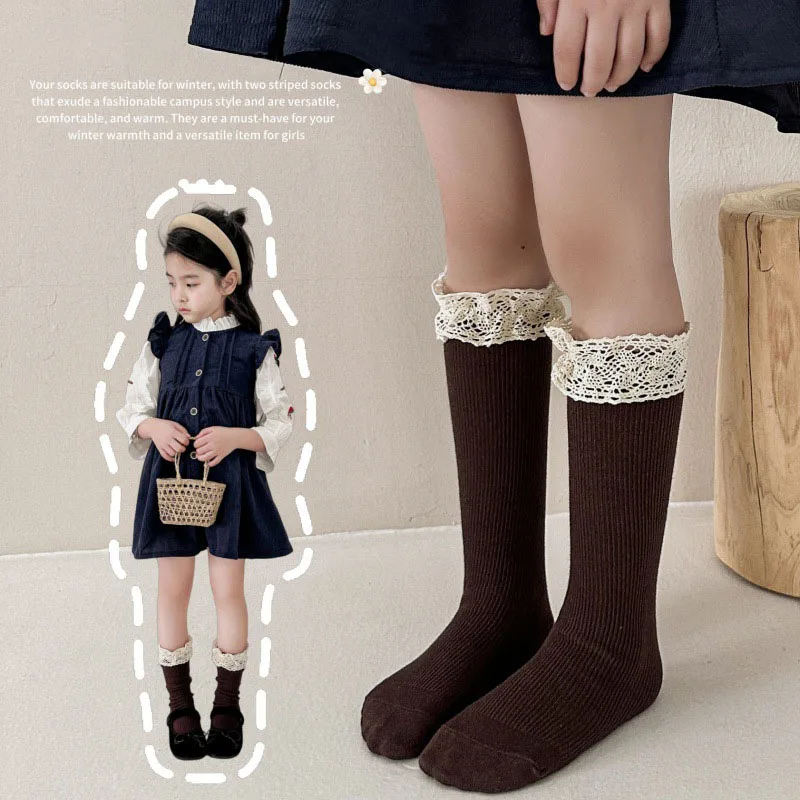 Nuevos calcetines hasta la rodilla de primavera para niños 3-10T calcetines de tubo para niñas con adornos de encaje dulce estilo Preppy calcetines para niños en 6 colores - imagen 2