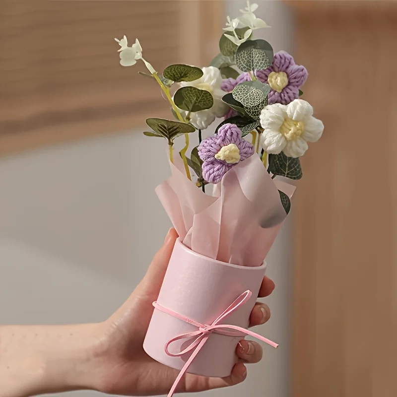 5 flores de ganchillo, papel de regalo y cinta decorativa: perfecto para el día de la madre, San Valentín, cumpleaños o regalos de aniversario. - imagen 4
