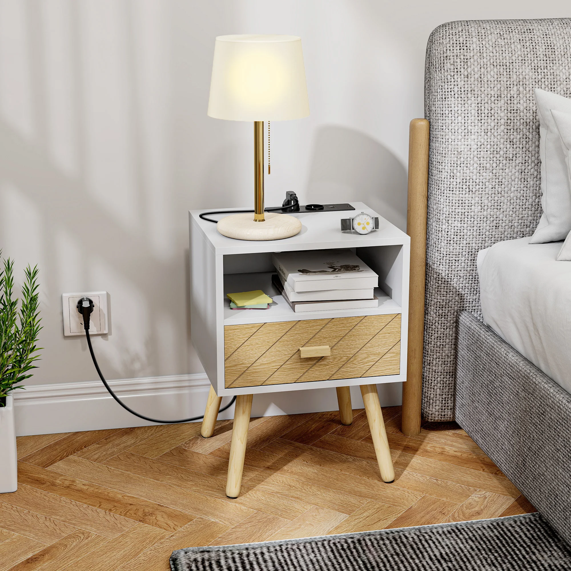 HOMCOM Mesita de Noche con Estación de Carga, Mesilla de Noche con Cajón, 2 Tomas AC, Puerto USB y Tipo-C, Compartimento Abierto, Patas de Madera, para Salón, Dormitorio, Blanco