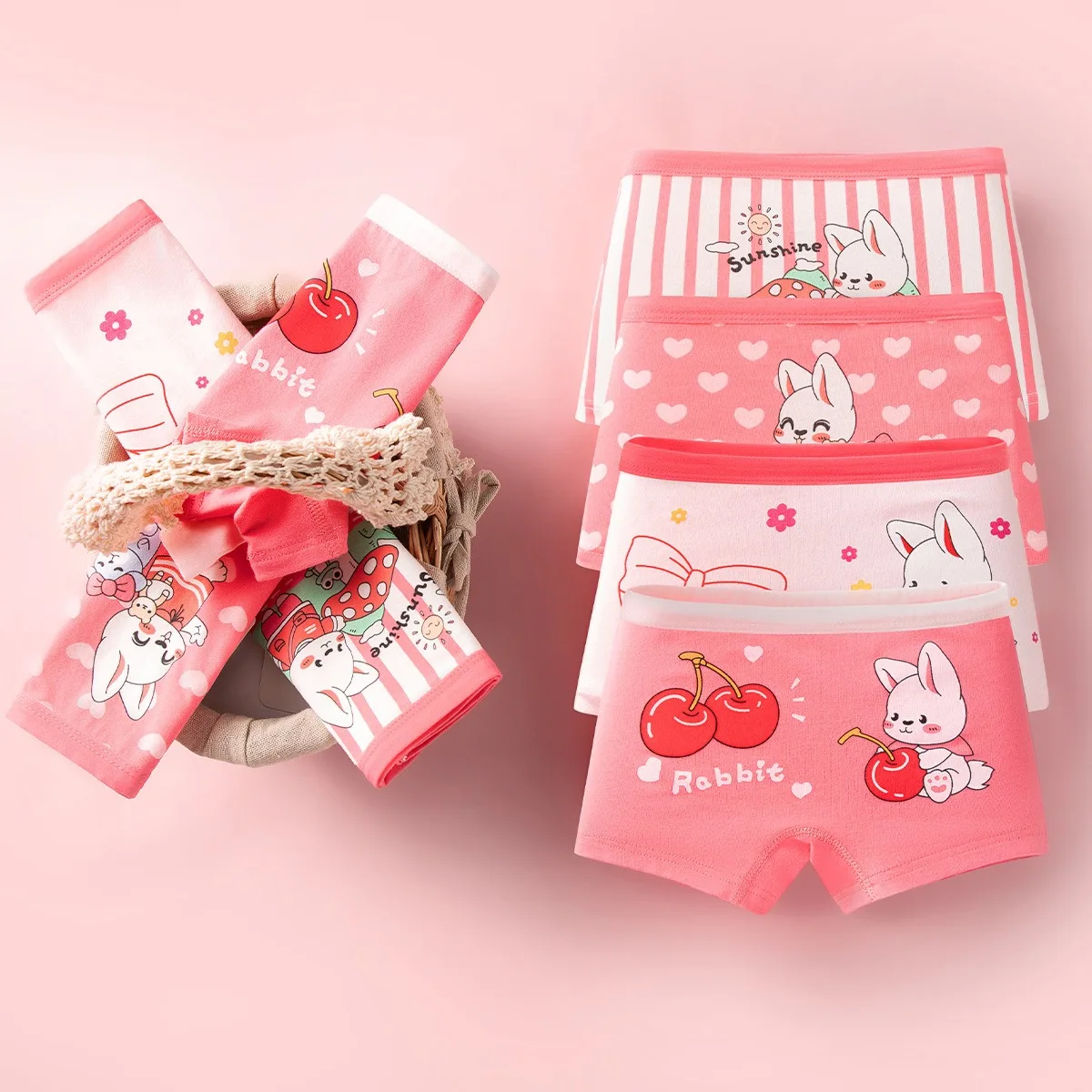 Bragas de 4 piezas para niñas, Boxer de algodón de alta calidad para niños, pantalones cortos con dibujos de conejo encantador, ropa interior transpirable para niños - imagen 2