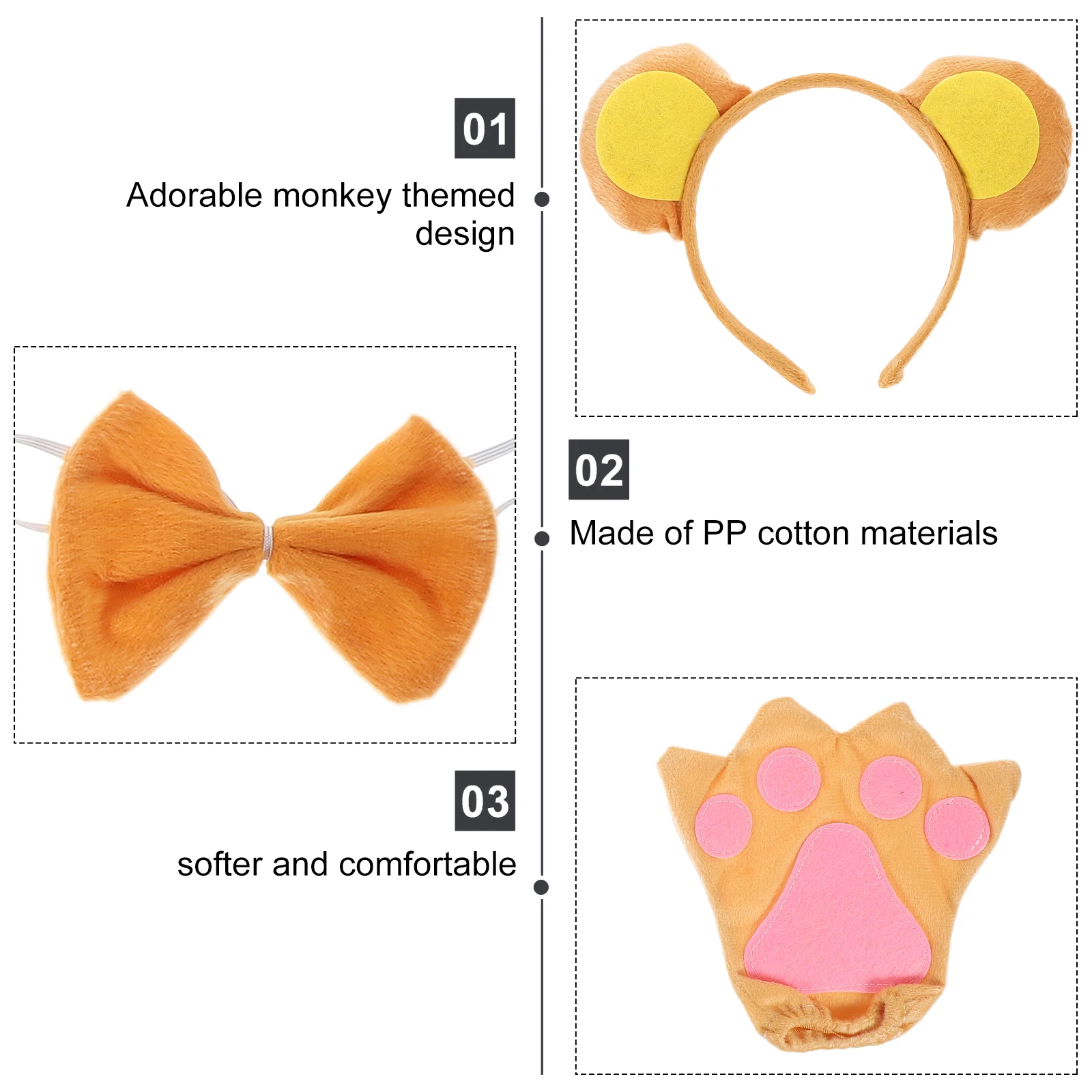 Orejas mono tocado accesorios de disfraz guantes Pp diadema de algodón con cola niño - imagen 5