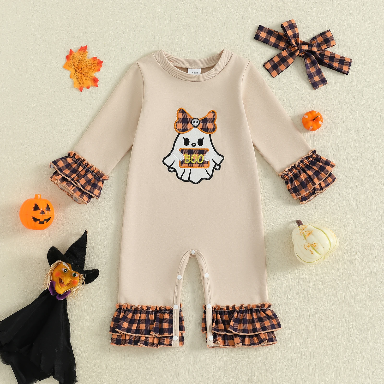 Traje de Halloween para niña de 0 a 18 meses, pelele con estampado de fantasma a cuadros, mono de manga larga con cuello redondo y diadema con lazo
