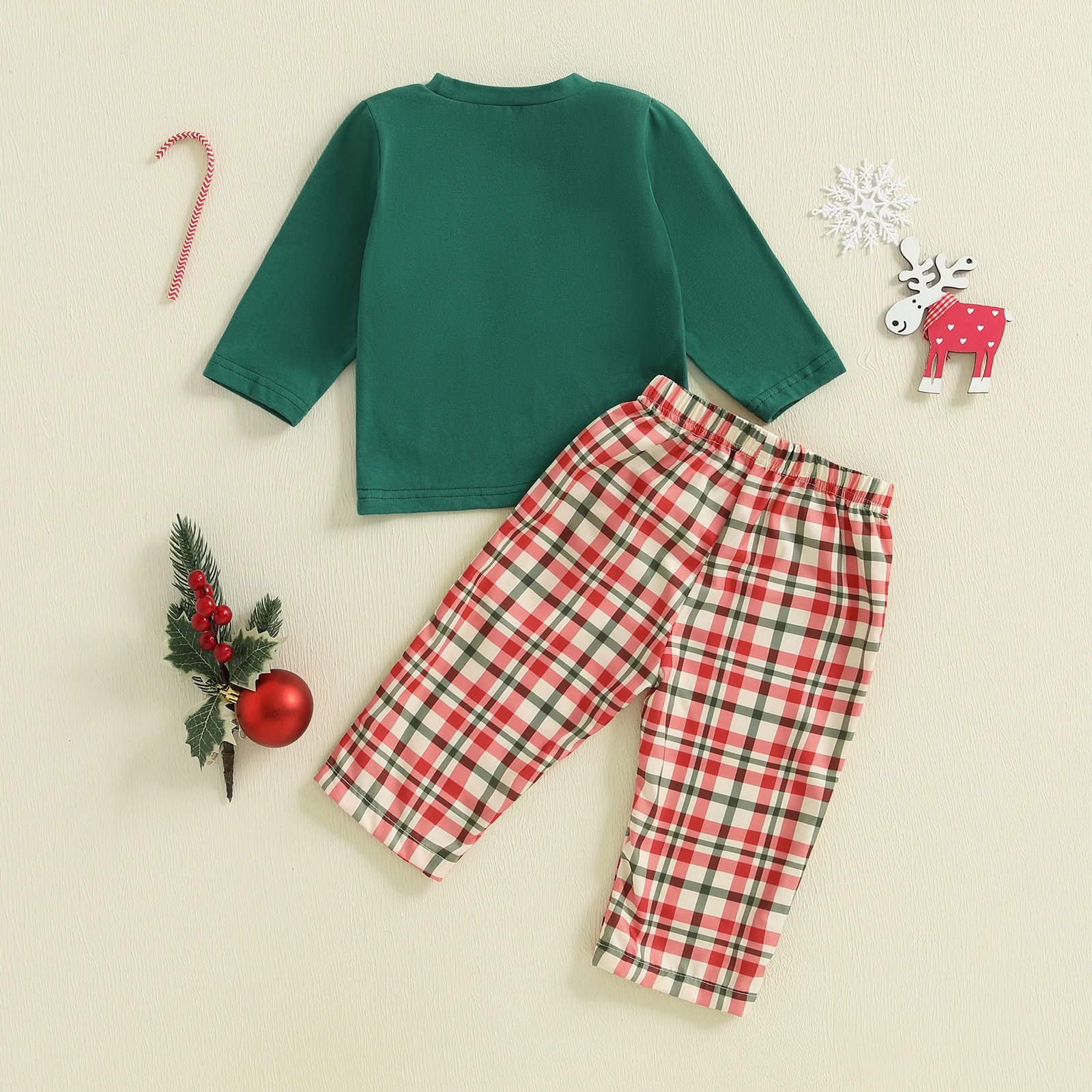 VISgogo Conjunto de 2 piezas de traje navideño para bebé de 1 a 4 años, jersey de manga larga con cuello redondo bordado y pantalones a cuadros - imagen 2