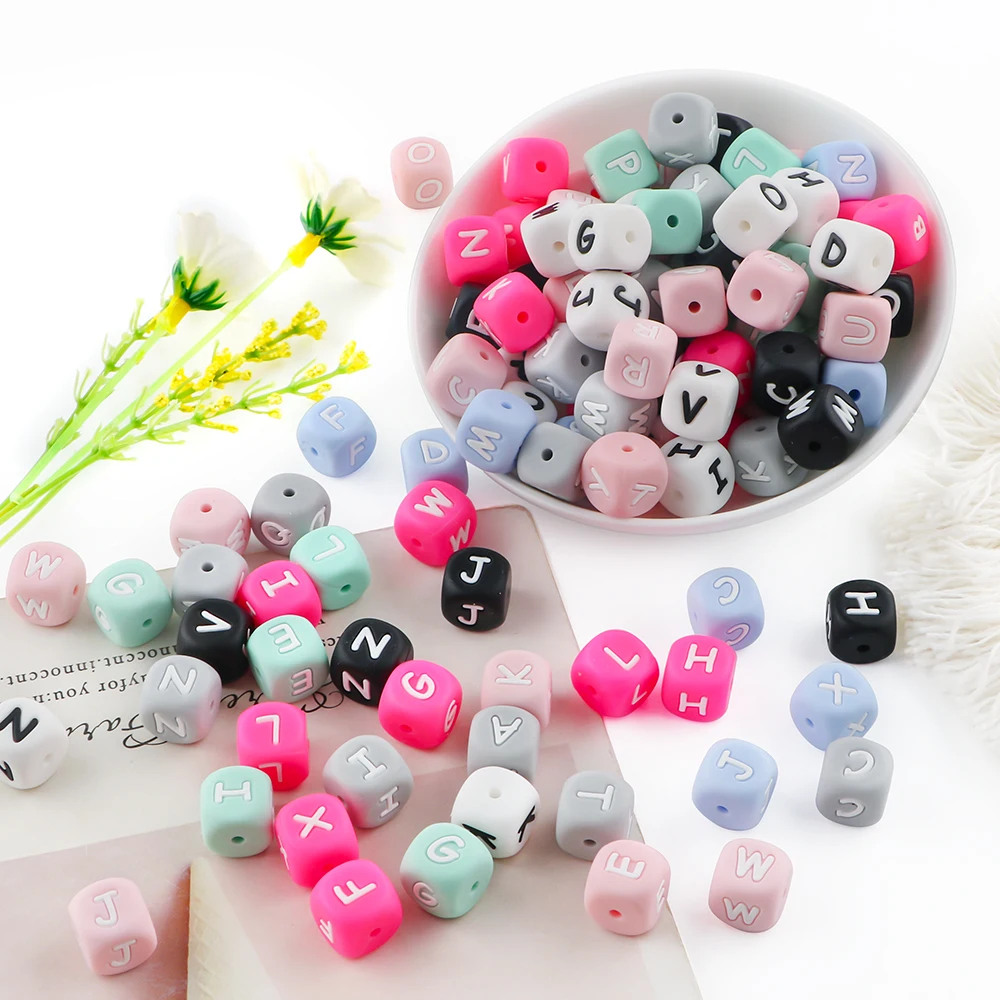 26 Uds azul/gris/rosa/verde/negro/blanco cuadrado 12mm cuentas de letras de silicona para fabricación de joyería DIY pulseras collares Accesorios - imagen 5