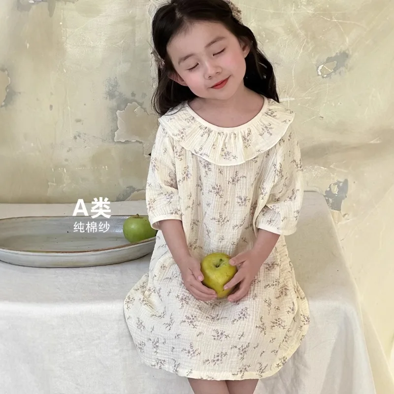 Nuevo camisón de princesa de gasa de algodón para niñas, vestido de dormir ligero con adornos de encaje para verano, ropa de casa con lazo estampado Floral, ropa de descanso, - imagen 4