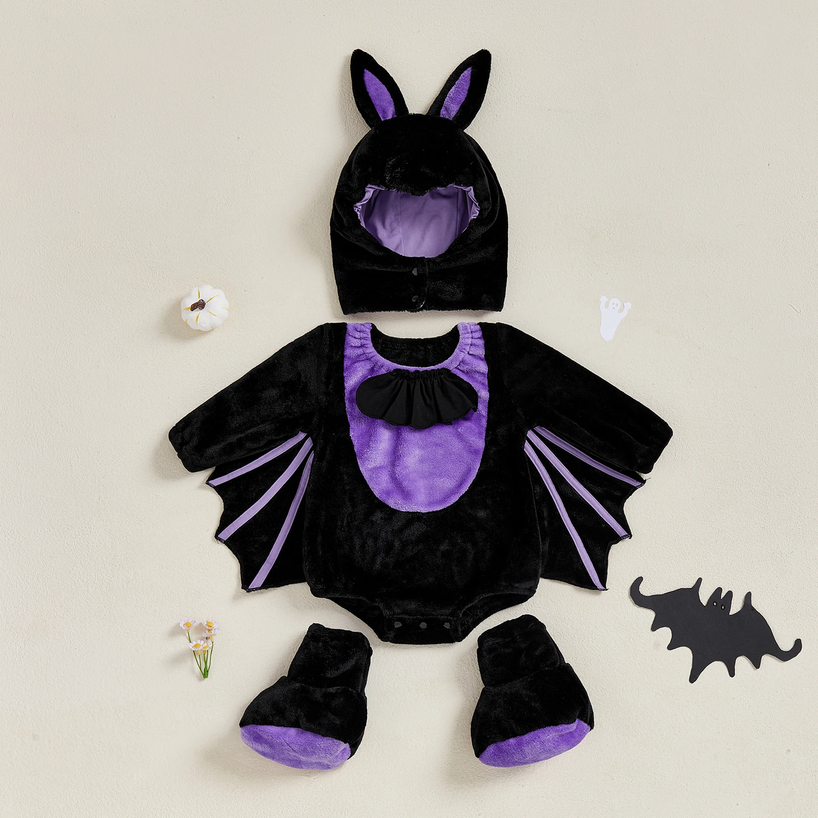 VISgogo Disfraz de Halloween de murciélago para bebé, ala de murciélago de felpa, mameluco de manga larga, cubre pies y sombrero, juego de 3 piezas - imagen 2