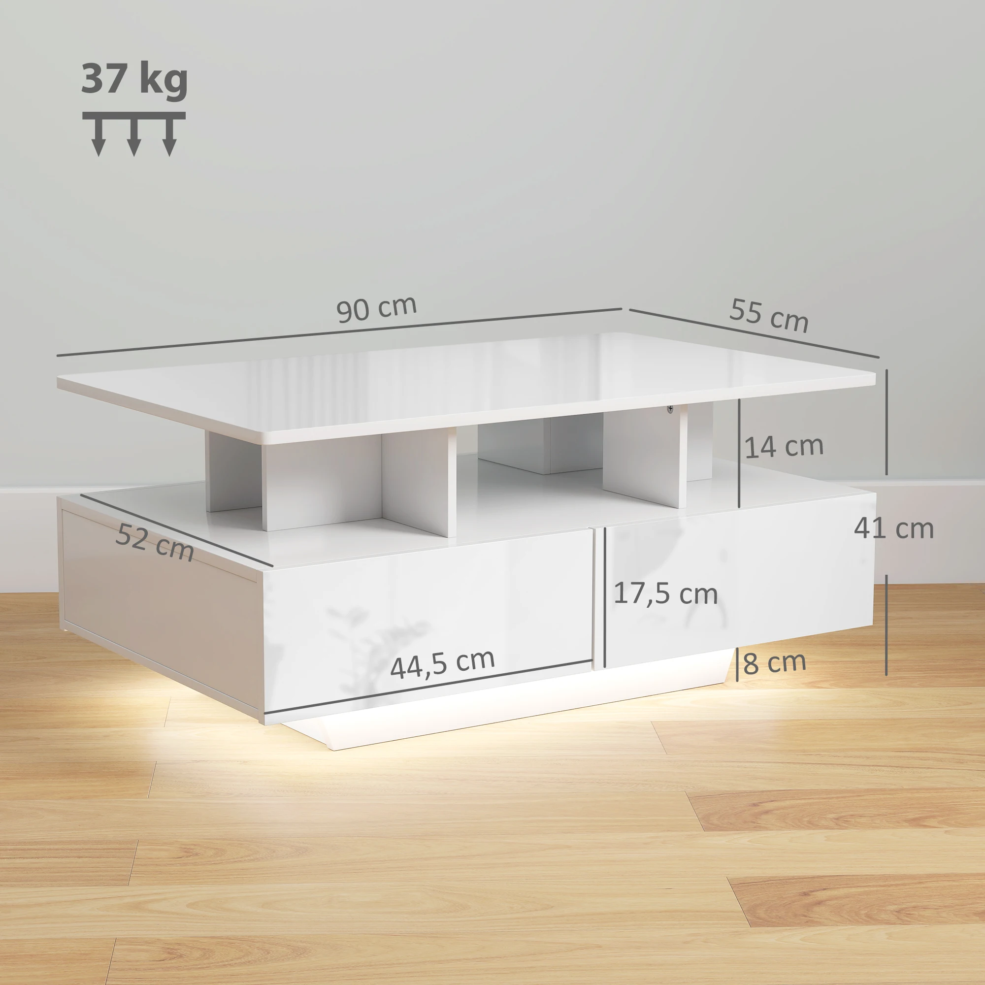HOMCOM Mesa de Centro LED Moderna Mesa de Café Brillante con 4 Cajones Estante Abierto y Luces LED de 16 Colores para Salón 90x55x41 cm Blanco Brillo - imagen 3