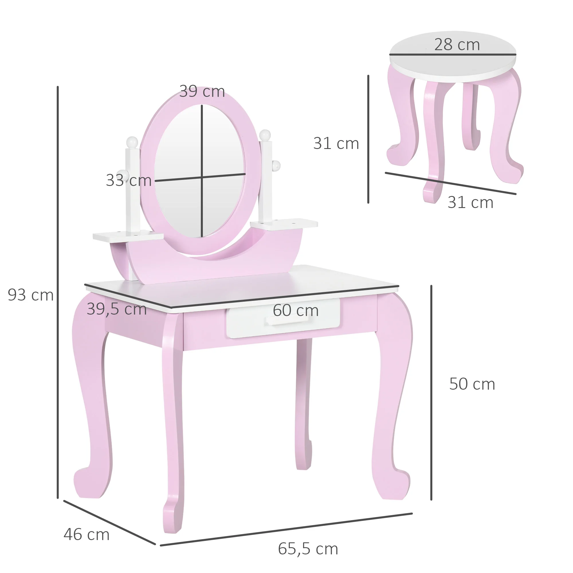 ZONEKIZ Tocador para Niñas con Taburete y Espejo Tocador Infantil de Madera con Cajón Centro de Belleza Mesa de Maquillaje para Niñas de 3-6 Años 65,5x46x93 cm Rosa - imagen 3