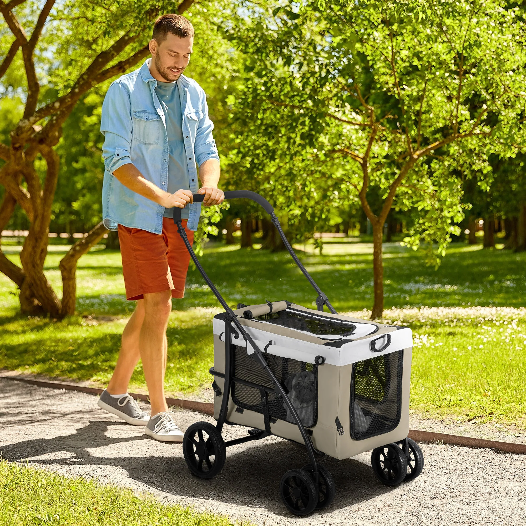 PawHut-Poussette pour chien 2 en 1, chariot pour animal de compagnie, chariot amovible, 4 portes, fermeture éclair, 2 sangles de sécurité et coussin - imagen 2