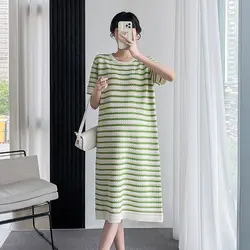 Vestido premamá tejido acanalado cuello cuadrado manga corta elegante