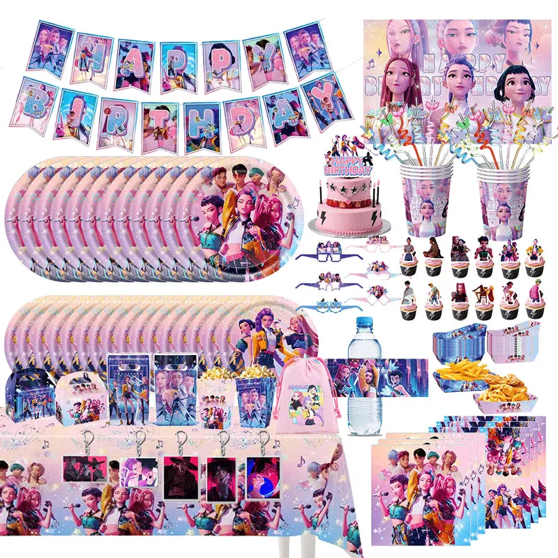 Dibujos animados Anime Kpop Demon Hunter suministros de cumpleaños KPop Demon Hunters decoraciones de cumpleaños globos pastel Topper chica fiesta favores