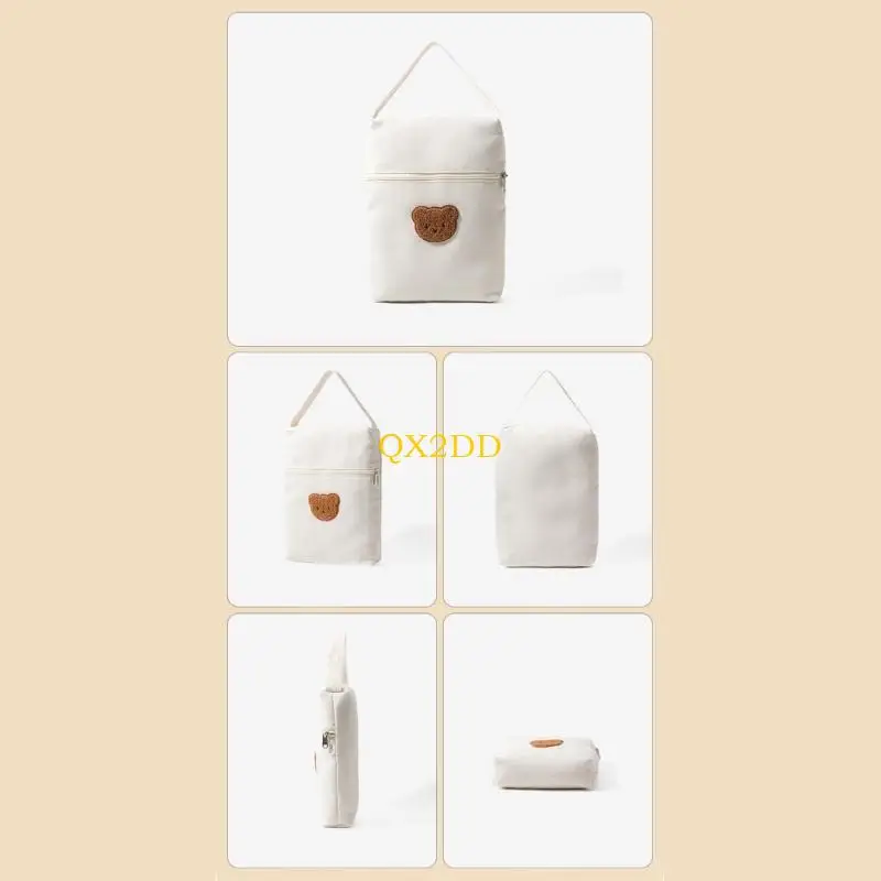 QX2D Bolsa pañales para bebés recién nacidos, bolsa mano con bordado oso, bolsa colgante para cochecitos - imagen 3
