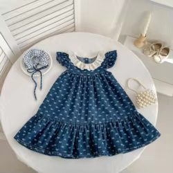 Vestidos de verano para niñas de 2 a 7 años, vestido con cuello de encaje para niñas, vestido con volantes para niñas, vestido vaquero de corte A