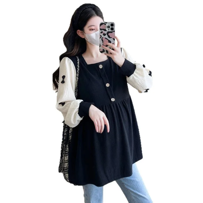 Otoño primavera moda Patchwork blusas de maternidad camisa suelta de moda ropa para mujeres embarazadas Chic Ins Tops de embarazo - imagen 5