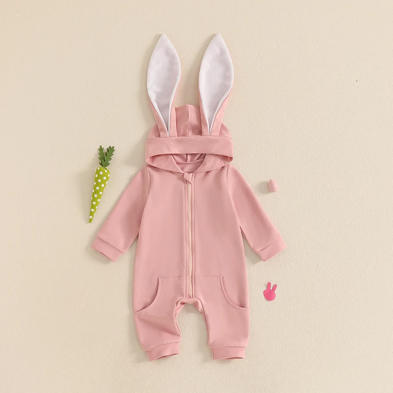 Mameluco con cremallera de Pascua para bebé, mono informal de manga larga con capucha y Orejas de conejo de Color sólido para recién nacido - imagen 2