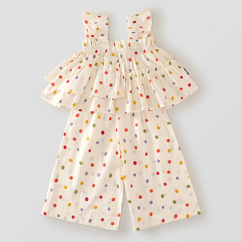 Conjunto verano niña con chaleco de lunares y pantalón suelto