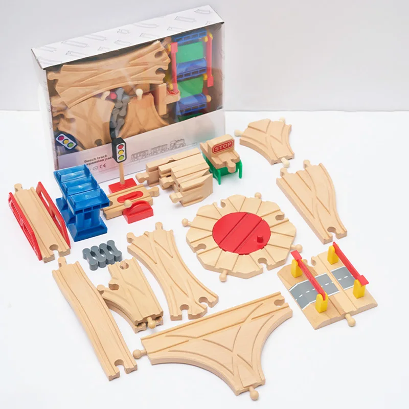 Juego de vías ferroviarias madera, paquete expansión, accesorios bloques construcción DIY, pistas aptas para Biro, juguetes educativos niños - imagen 5