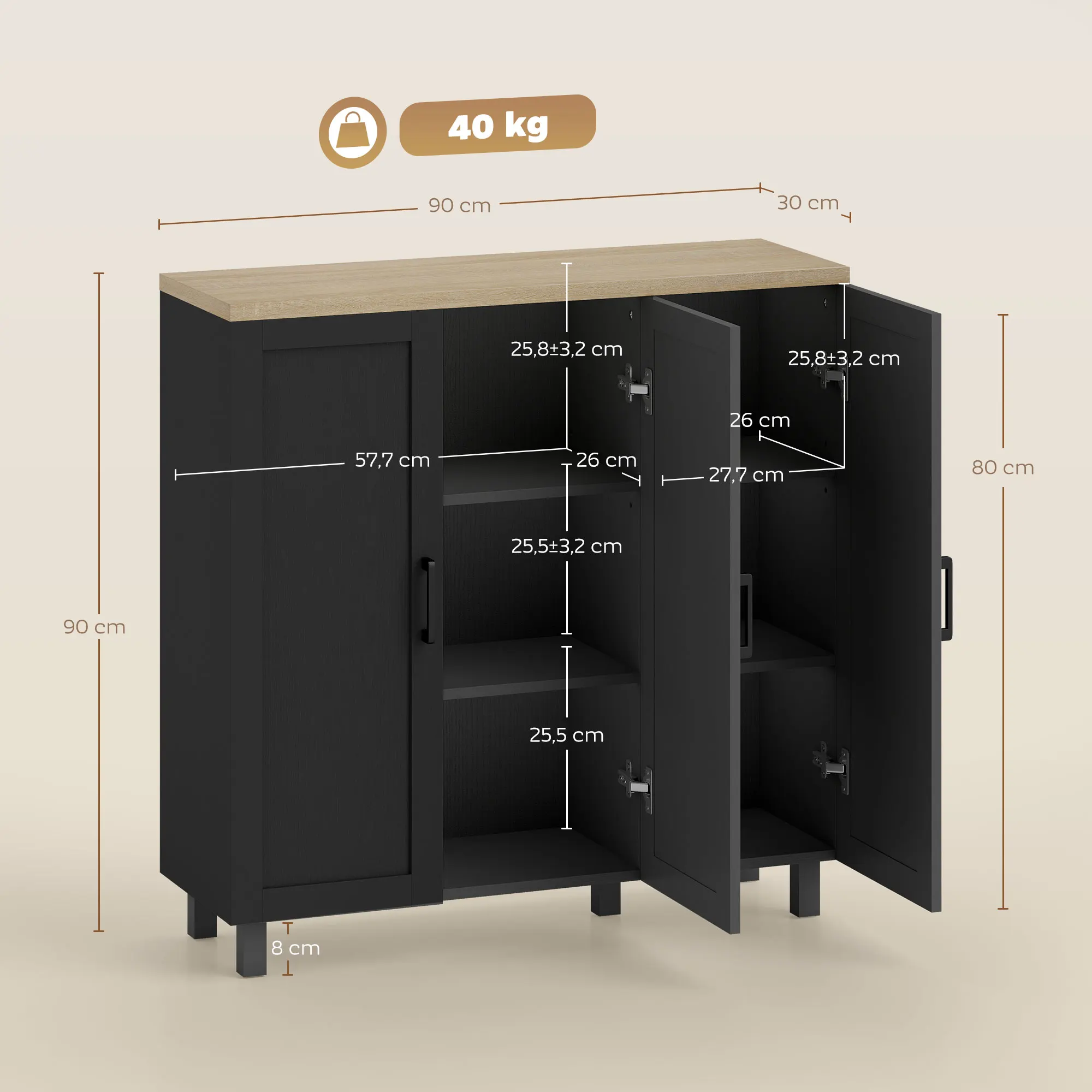 HOMCOM Aparador Estrecho de 3 Puertas, Aparador de Salón con Estantes Ajustables, para Cocina, Entrada, Comedor, Dormitorio, Negro, 90x30x90 cm - imagen 3