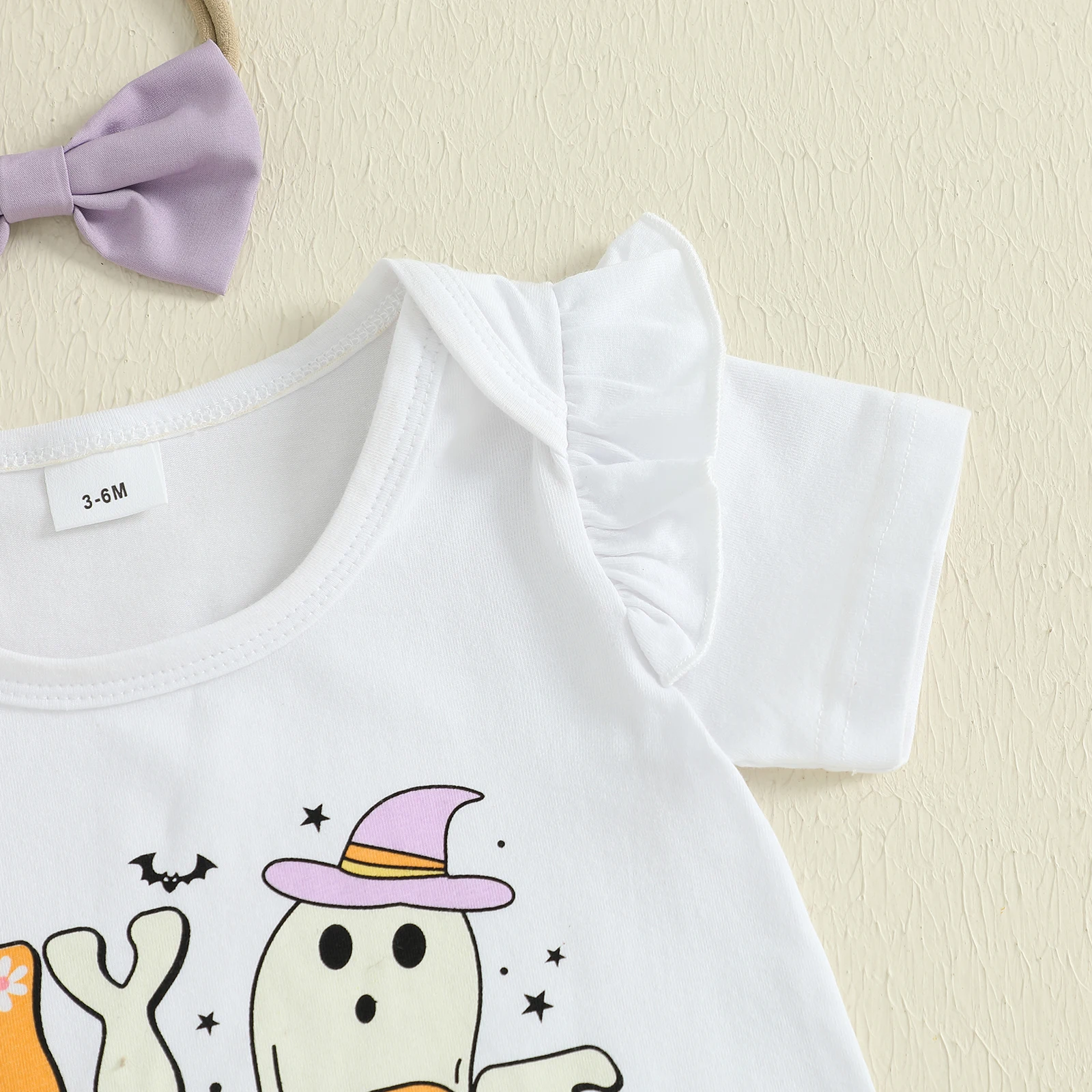 VISgogo Conjunto de 4 piezas de trajes de Halloween para niña, mameluco de manga corta con falda con patrón de calabaza, diadema con lazo y calcetines largos - imagen 5