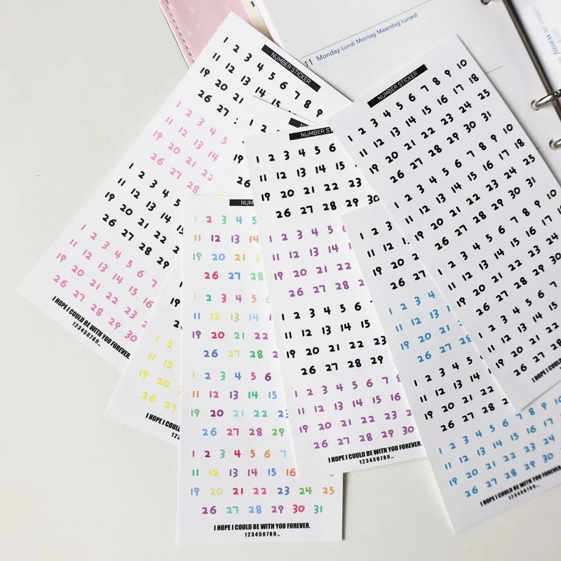 1 unidad de pegatinas de números No.1 ~ 31 con bonitos dibujos, calendario, planificador, álbum de recortes, diario, día mensual, decoración de etiquetas de tiempo diario