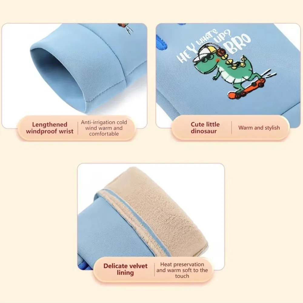 Nuevos guantes cálidos de dinosaurio de dibujos animados para niños, guantes gruesos a prueba de viento para ciclismo para niños, guantes de esquí deportivos cálidos de invierno con forro polar - imagen 2