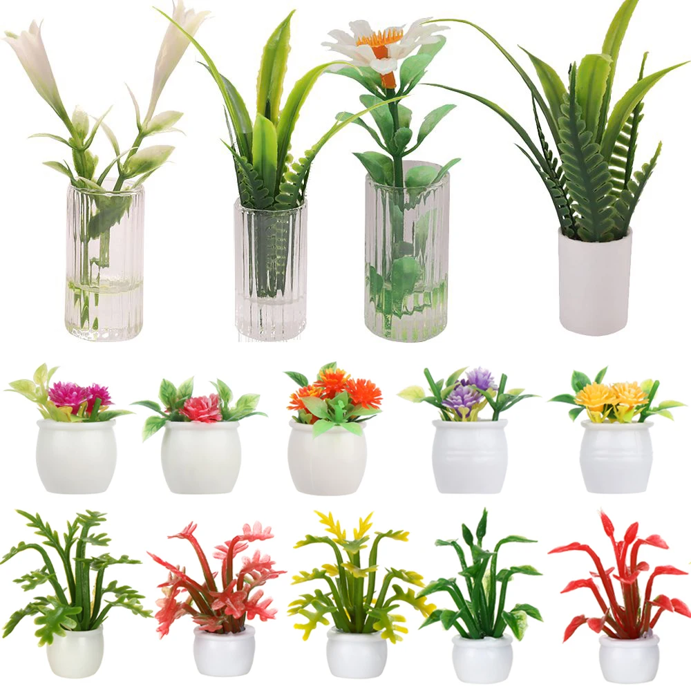 Planta de casa de muñecas en maceta a escala 1:12, bonsái de vegetación en miniatura, cesta Floral de imitación, Micro paisaje, accesorios para muñecas DIY