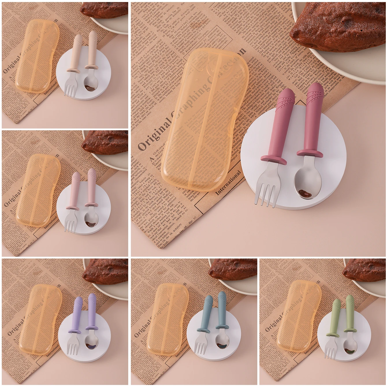 Cubiertos de acero inoxidable con mango silicona para bebé