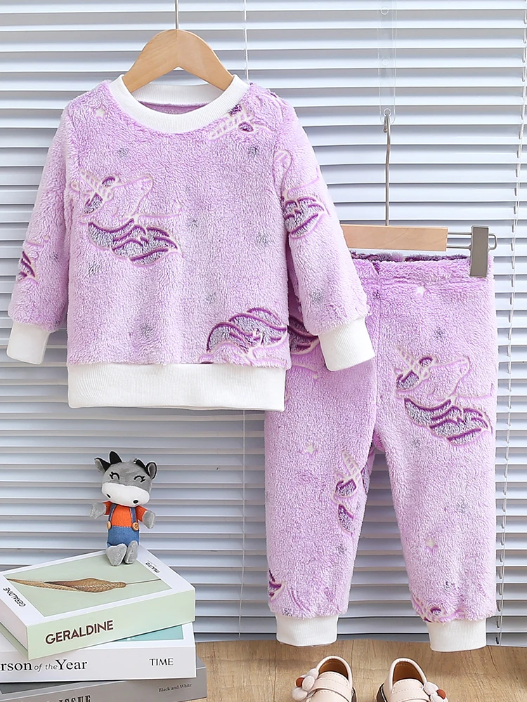 1 Juego de top y pantalones de manga larga gruesos de felpa con diseño de caballo de unicornio y luz nocturna de otoño e invierno para niña, cómodos