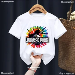 Camiseta con estampado de dinosaurio de Parque Jurásico de arcoíris para niñas/niños, ropa divertida para niños, camisetas de verano blancas/azules/amarillas/rosas