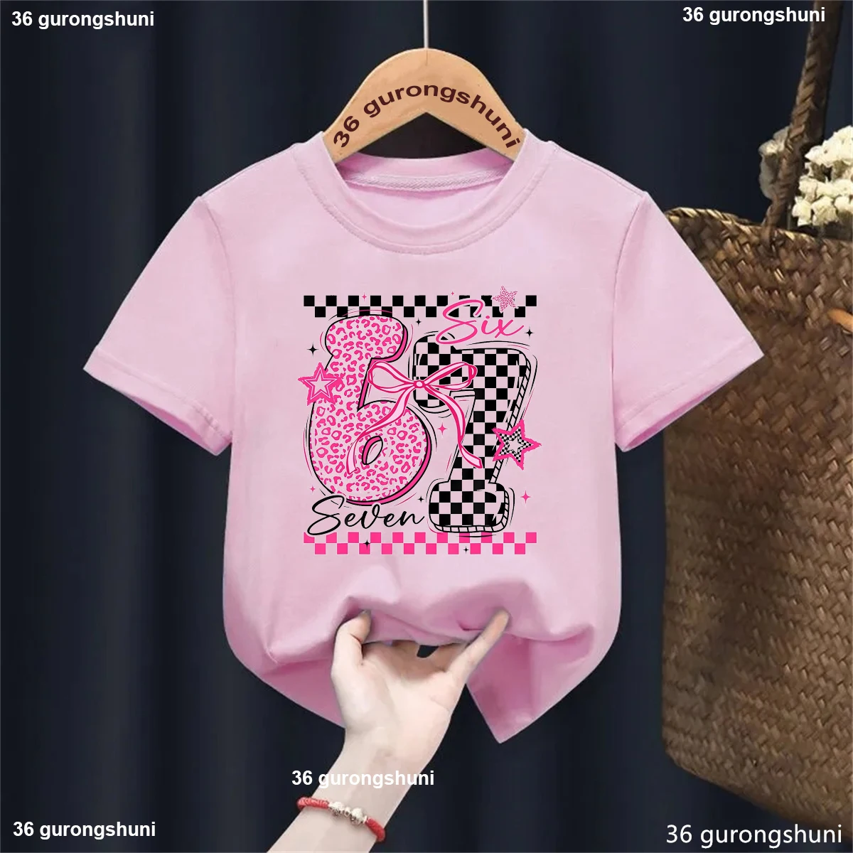 Camiseta con estampado de lazo y estrella de leopardo 67 Meme, ropa Kawaii para niñas, camiseta de manga corta de verano, camiseta informal lisa, ropa de calle