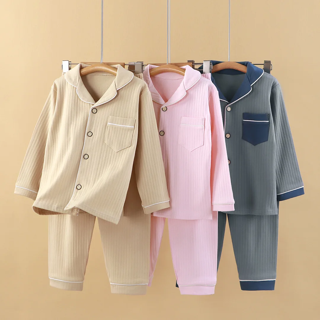 Spring Autumn Boys Girls Cute Solid Color Pajamas Home Wear Casual Long Sleeve Lapel Pyjamas Teen Sleepwear Clothing Sets