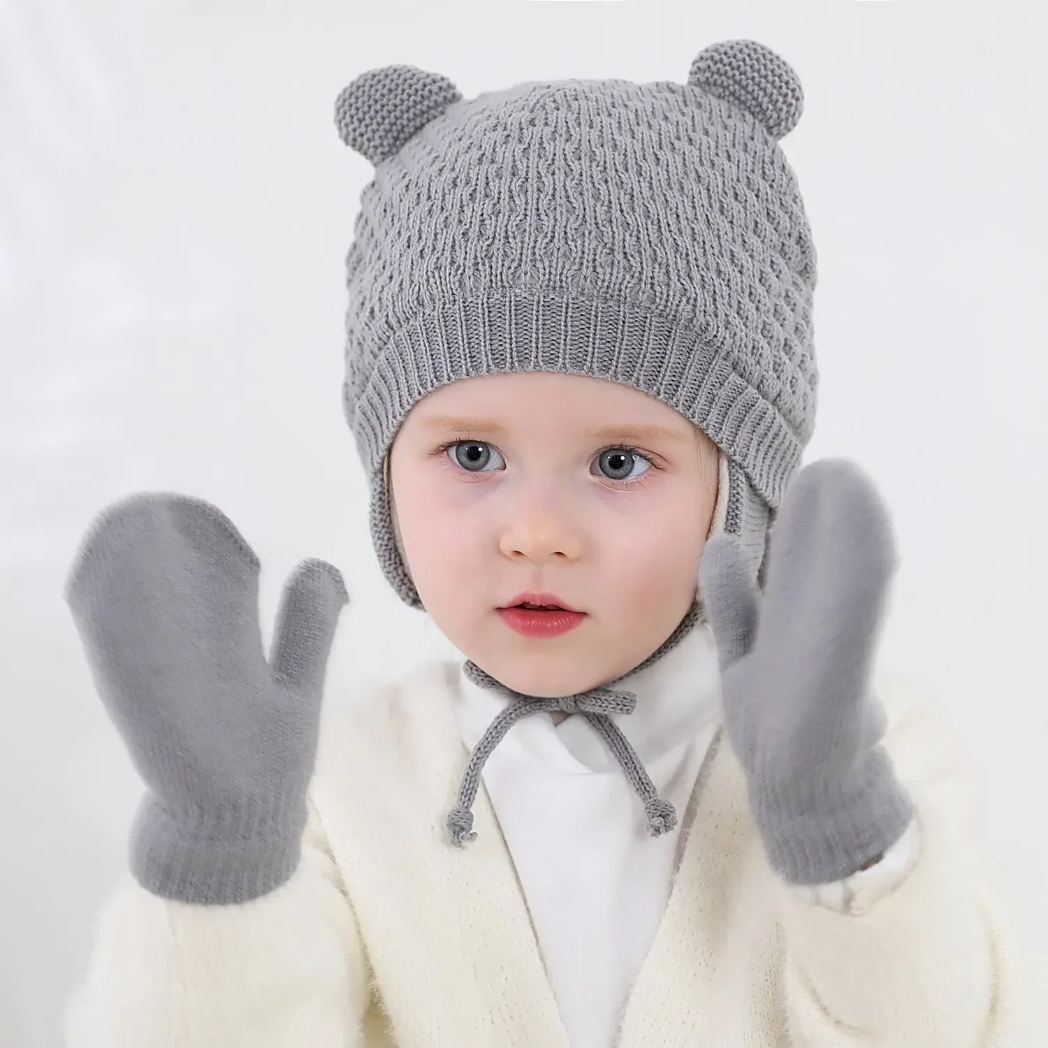 Invierno protección para los oídos bebé 2 uds guantes de punto conjunto de sombrero Color sólido otoño gorro para niños pequeños para niñas niños lindo guerra al aire libre - imagen 2
