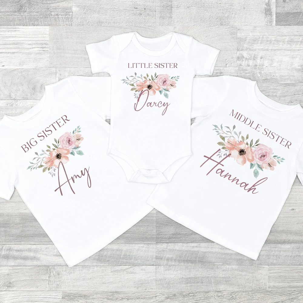 Camiseta personalizada a juego para la familia de hermana mayor y hermana pequeña, camisetas de manga corta de verano para niñas, camiseta con estampado de flores para niños