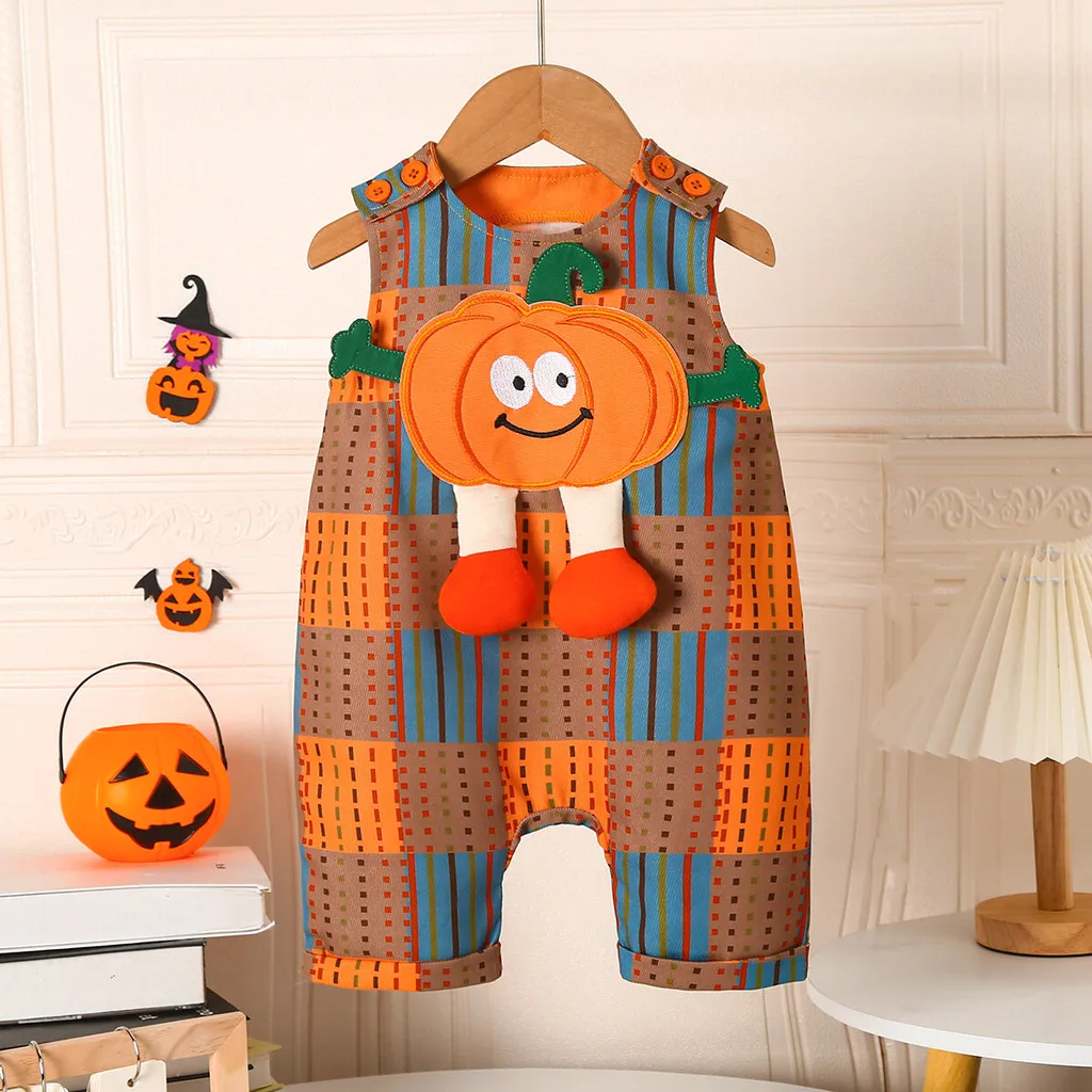 Mono a cuadros con bonito patrón de calabaza naranja de Halloween Unisex para bebé de 3 a 24 meses para fiestas navideñas y celebraciones