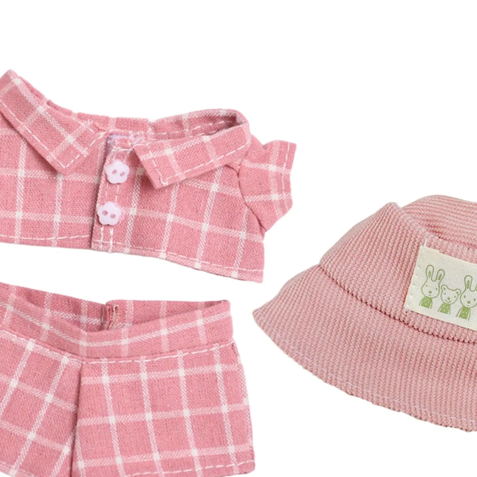 Doll Outfit Collection for 17cm Plush Dolls, Pink Plaid Suit with Hat Accessories