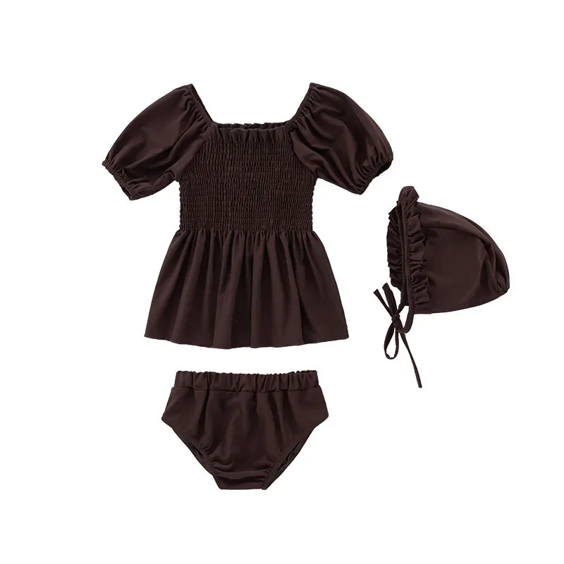 Conjunto de traje de baño sencillo y bonito de moda coreana para niños y niñas, traje de baño de Color café Beige para bebés, ropa de playa para jugar al verano, 3 uds. - imagen 5