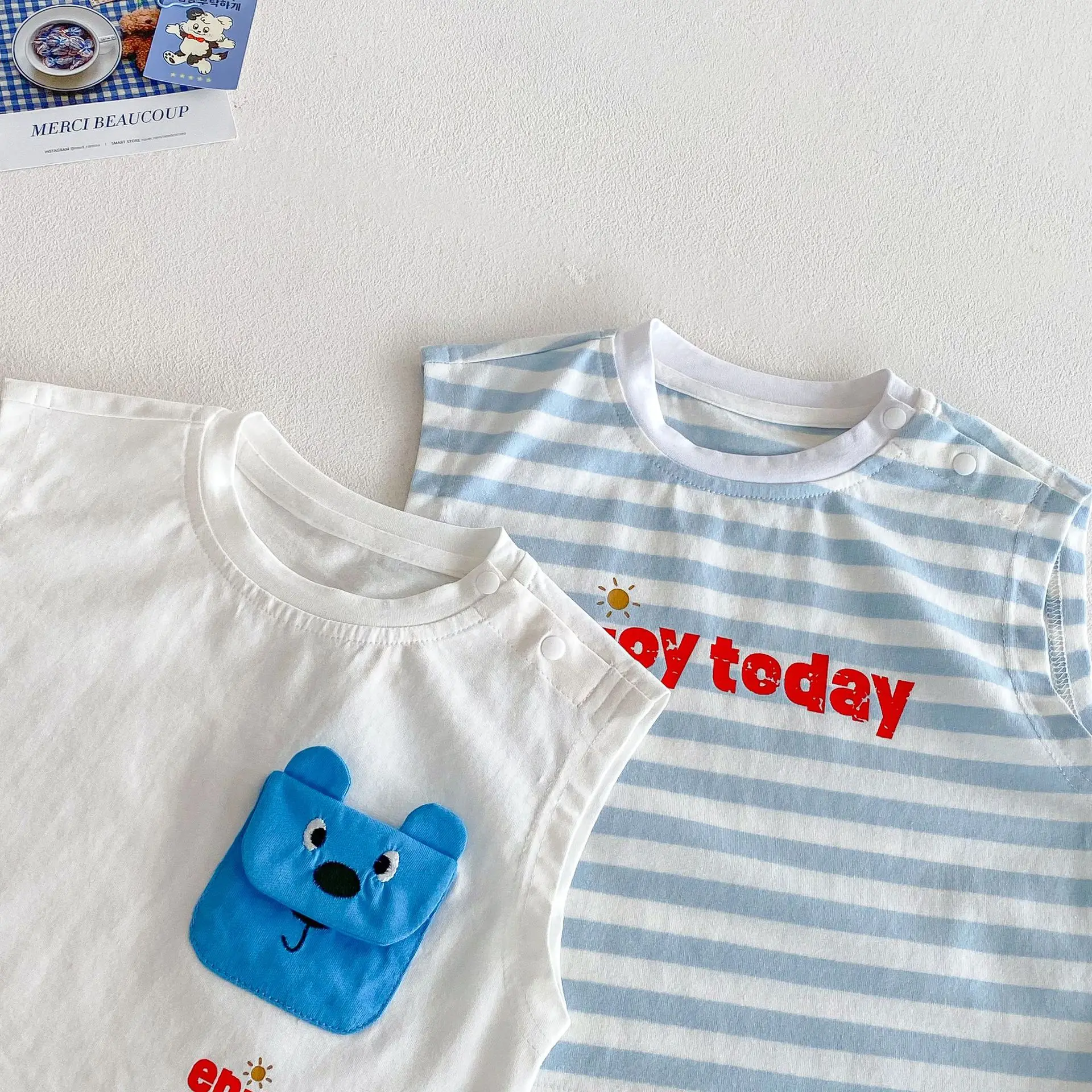 Conjunto de ropa de verano para bebé, chaleco a rayas y pantalones cortos vaqueros, traje infantil de estilo de dibujos animados, traje de camiseta para niñas pequeñas - imagen 4