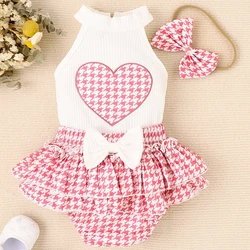 Conjuntos de 3 piezas de ropa de verano para niñas, moda coreana, Tops rosas sin mangas a cuadros bonitos + Pantalones cortos con lazo, ropa de Boutique para niños BC1216